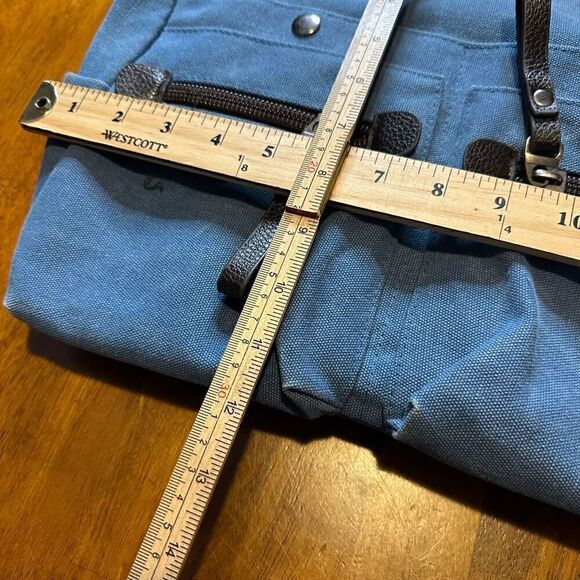 TaoMaoMao Blue Canvas Shoulder Bag Tote Brown Straps Trim Work Travel Bag 15x12” - Picture 9 of 11